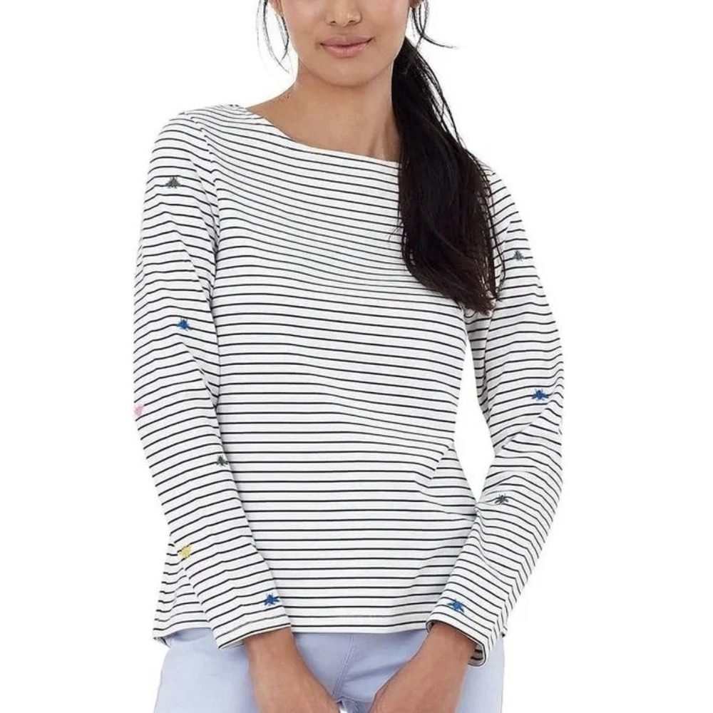 Joules Harbour Black Breton Stripe Top Embroidered Bees US 10 Boat Neck Nautical